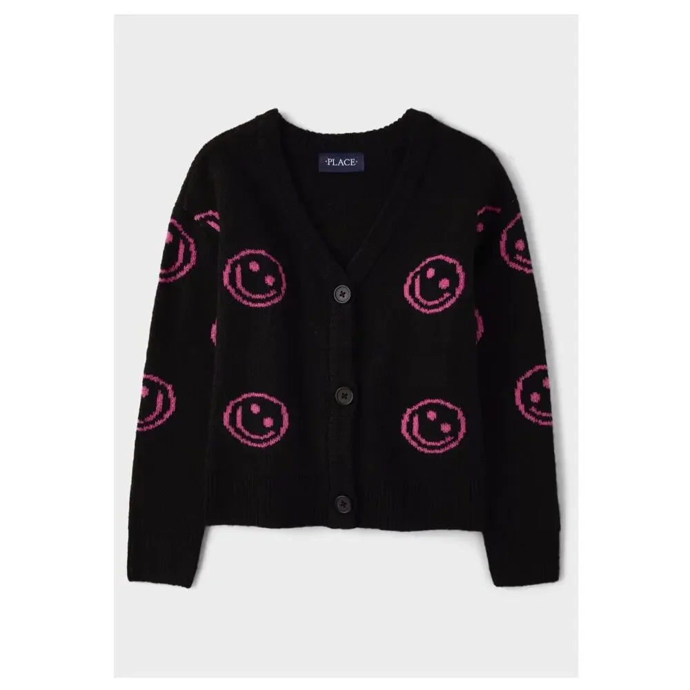 The Children’s Place Black Pink Smiley Happy Face Button Up Cardigan Size XXL 16